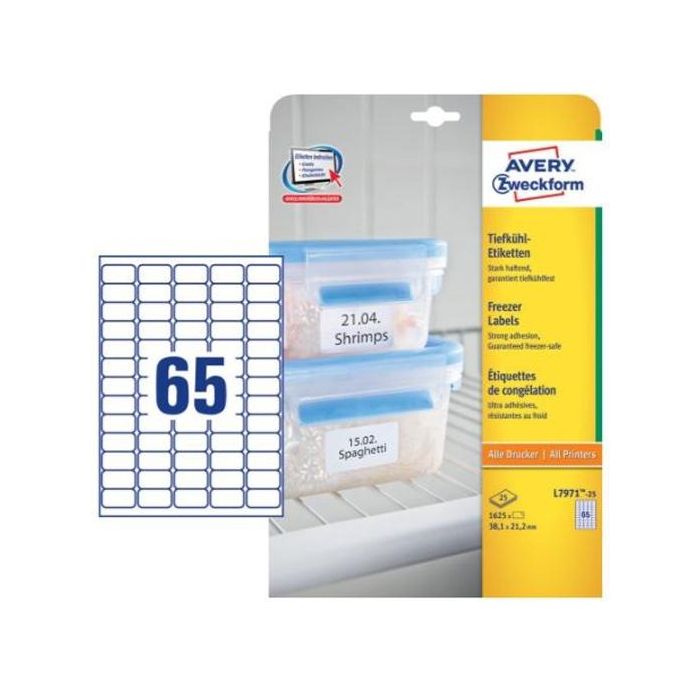 Avery etiquetas adhesivas mini 38,1x21,1mm inkjet/láser para el congelador 65 x 25h blanco
