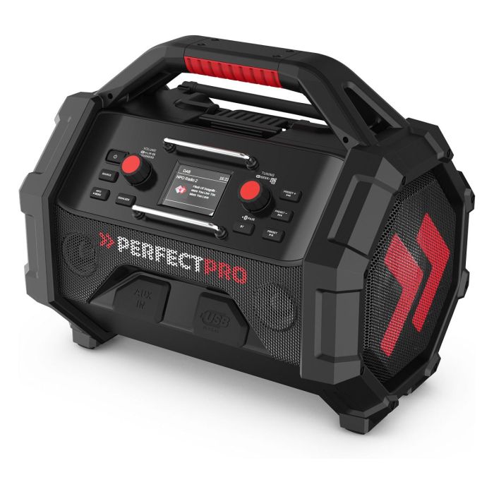 PerfectPro ROCKTAGON Radio de obra digital 30W DAB+ FM Bluetooth 5.2 IP65, 4 altavoces, compatible baterías 18V Bosch Makita DeWalt Milwaukee, USB, Negro/Rojo