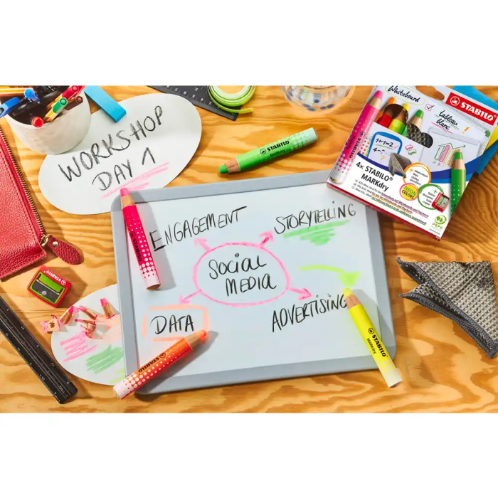 Stabilo Markdry Neon Pizarra Blanca 4 Colores + Sacapuntas 2