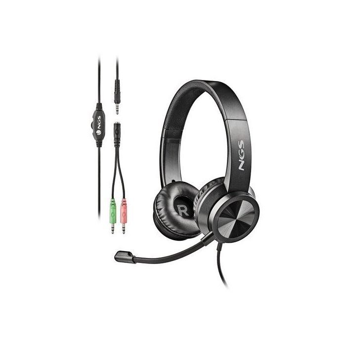 NGS MSX11PRO Auriculares estéreo supraurales con Micrófono ajustable, Jack 3.5mm, adaptador doble Jack para PC y control de volumen en cable - Negros