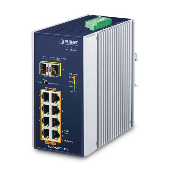 Planet IGS-1020PTF-12V Switch Industrial No Gestionado PoE+ 8 Puertos + 2 SFP Booster 12-56V IP30 -40/75°C Extensor 250m