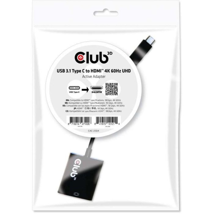 Club3D Adaptador USB 3.1 Tipo C a HDMI 2.0 Activo UHD HDR Macho/Hembra 1 Club3D Adaptador USB 3.1 Tipo C a HDMI 2.0 Activo UHD HDR Macho/Hembra 1