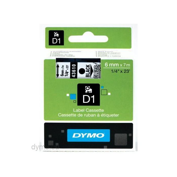 Dymo 43610 Cinta de Transferencia Térmica D1, Negro sobre Transparente, 6 mm x 7 m, Poliéster Autoadhesiva