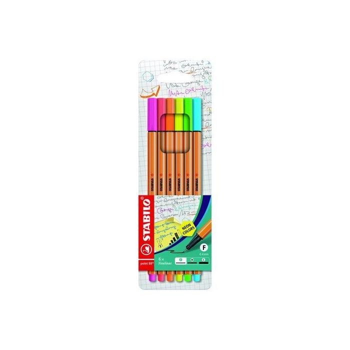 Stabilo Rotulador de fibra point 88, blister 6 colores neón surtidos, trazo 0,4 mm