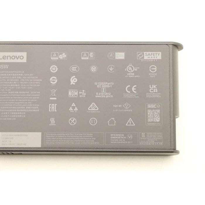 Lenovo 135W USB-C power adapter with adjustable voltage levels of 20V, 15V, 9V, and 5V, designed for Lenovo laptops. 4 Lenovo 135W USB-C power adapter with adjustable voltage levels of 20V, 15V, 9V, and 5V, designed for Lenovo laptops. 4