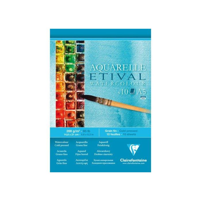 Bloc De Dibujo Clairefontaine Etival Acuarela Encolado Grano Fino A5 200G 10H (Set de 5)
