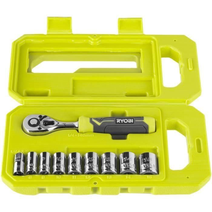 Caja de 1 llave de 90 dientes (ángulo de recuperación de 4°), 8 vasos (de 8 a 15 mm) y adaptador 1/4'' -> 3/8'' - Compatible con Ryobi LINK 3