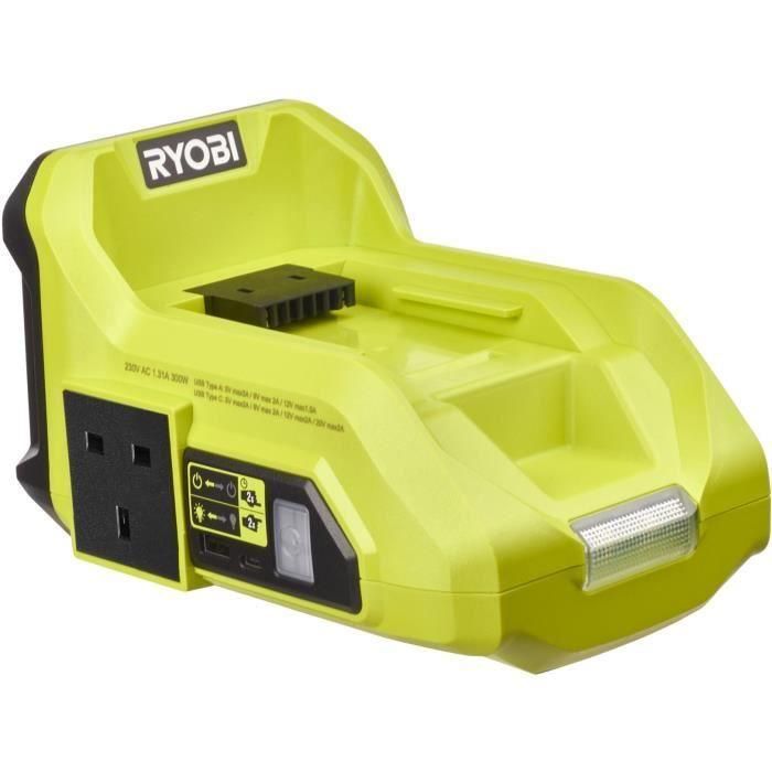 Transformador inalámbrico RYOBI MAX POWER 36V: 300W-500W - 3 puertos: 1 EU Electric + 1 USB-A + 1 USB-C - Lámpara LED - Sin batería