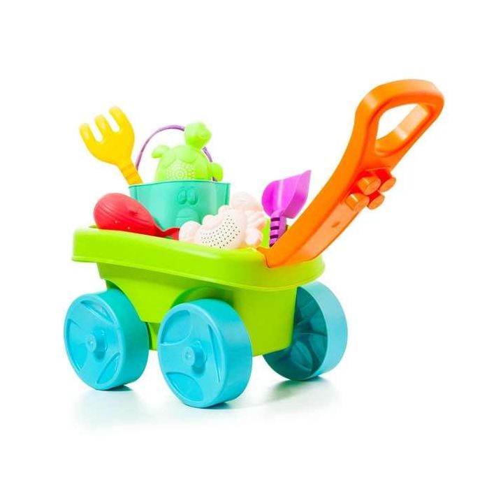 Carro playa con asa plegable y zona para construir. incluye accesorios de playa. incluye 6 piezas. Carro playa con asa plegable y zona para construir. incluye accesorios de playa. incluye 6 piezas.