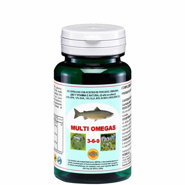 ROBIS Multi Omega 3-6-9 Ácidos Grasos Esenciales, Aceite de Pescado, Onagra y Lino, 60 Cápsulas