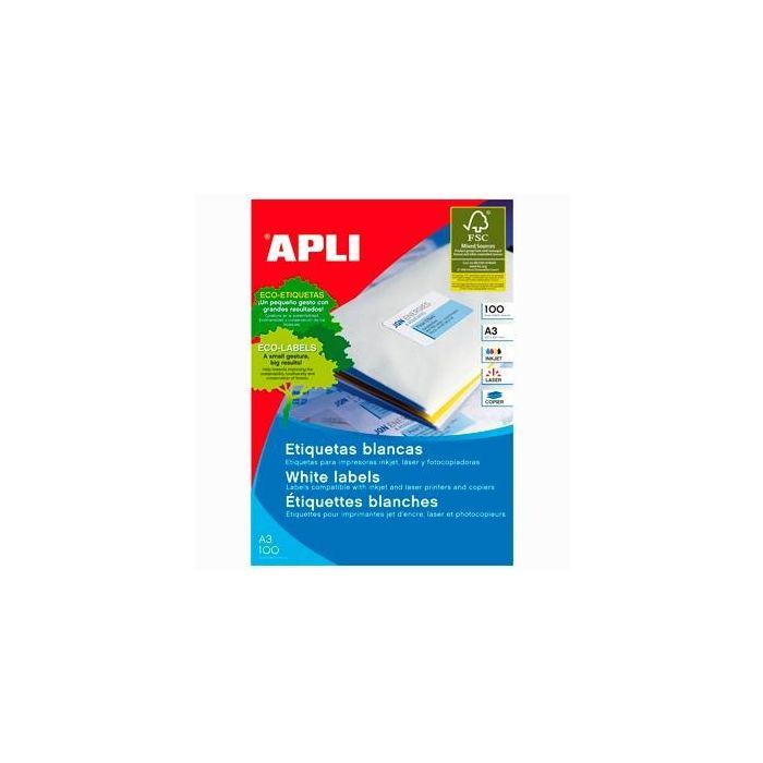 Apli Etiquetas Adhesivas 297x420 mm Inkjet-Láser C-Rectos 1 X 100H A3 Blanco Apli Etiquetas Adhesivas 297x420 mm Inkjet-Láser C-Rectos 1 X 100H A3 Blanco