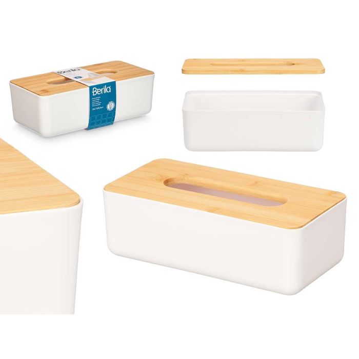 Porta Pañuelos Blanco con Tapa de Bambú 26 cm - Berilo (8 Unidades) Porta Pañuelos Blanco con Tapa de Bambú 26 cm - Berilo (8 Unidades)