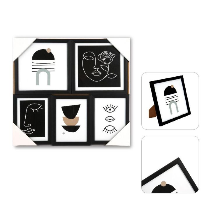 DKD Home Decor Set de 2 Marcos Multifoto Modernos Negros para 5 Fotos 22.5x22.5 cm MDF y Cristal
