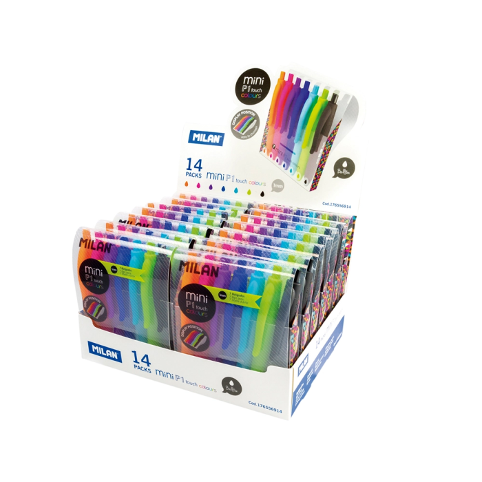 Milan Bolígrafo P1 Retráctil 1 mm Touch Mini, Estuche de 7 Unidades en Colores Surtidos, Expositor de 14 Estuches 1