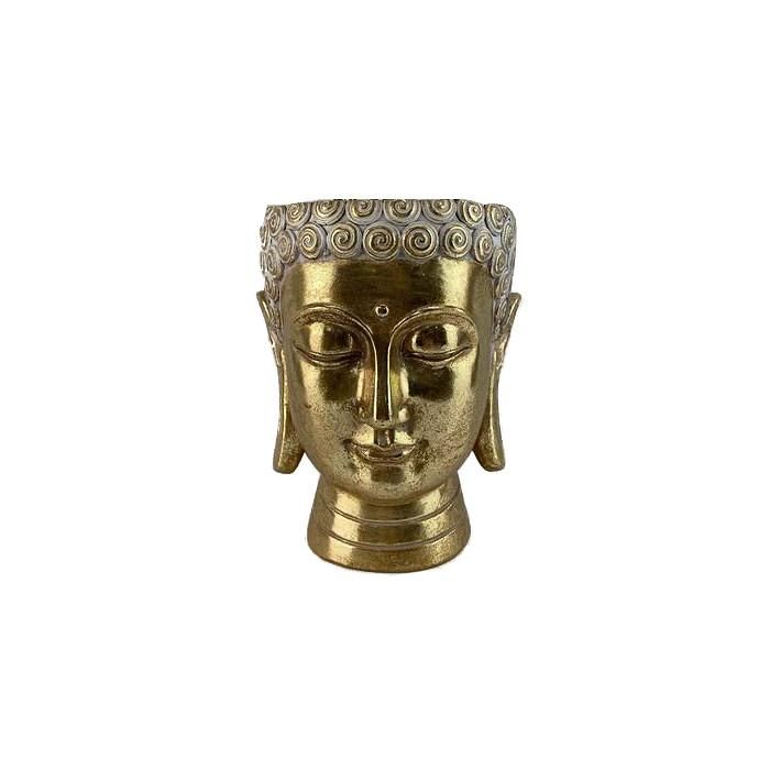 DKD Home Decor Macetero Decorativo de Resina Estilo Oriental, con Relieve de Buda, Tiesto Dorado y Gris, 17.5 x 21 x 17.5 cm