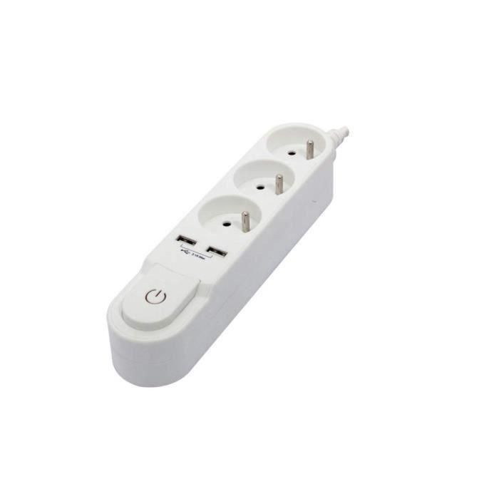 Chacon Regleta de Enchufes Múltiples Blanco con Interruptor, 3 Tomas 16A, 2 Salidas USB 2A, Cable 1.5m para Móviles y Tabletas