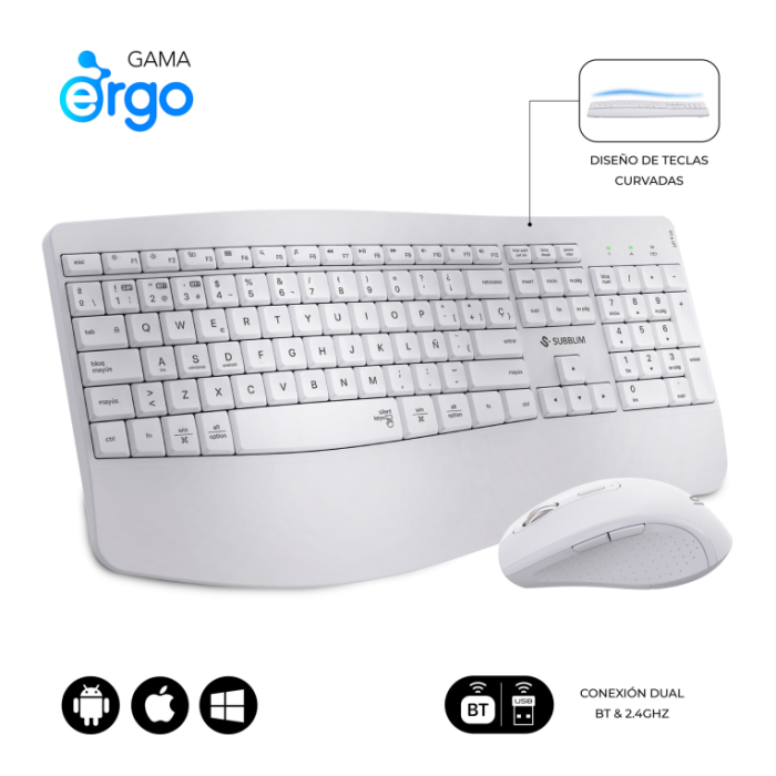 Subblim SUBKBC-DCOPW1 Teclado y Ratón Inalámbrico Ergonómico Combo Dual Office Prowave, BT+USB, Recargable, Silencioso, Blanco