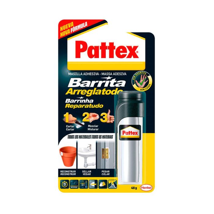 Pattex Barrita Arreglatodo 48g 2668471 - Masilla Bicomponente Extra Fuerte para Piedra, Ladrillo, Yeso, Cerámica, Madera y Más 0 Pattex Barrita Arreglatodo 48g 2668471 - Masilla Bicomponente Extra Fuerte para Piedra, Ladrillo, Yeso, Cerámica, Madera y Más 0
