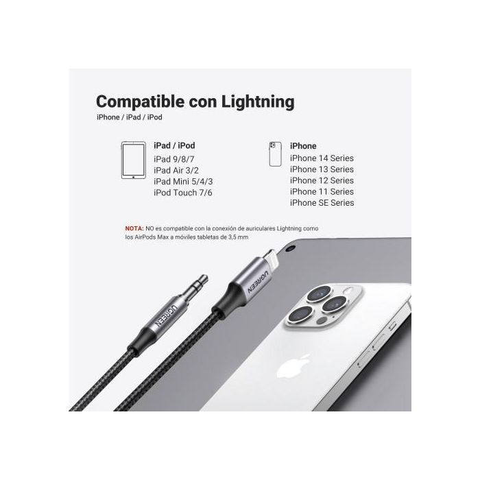 Ugreen 70509 Cable de Teléfono Móvil Plata 1 M 3,5Mm Lightning 7