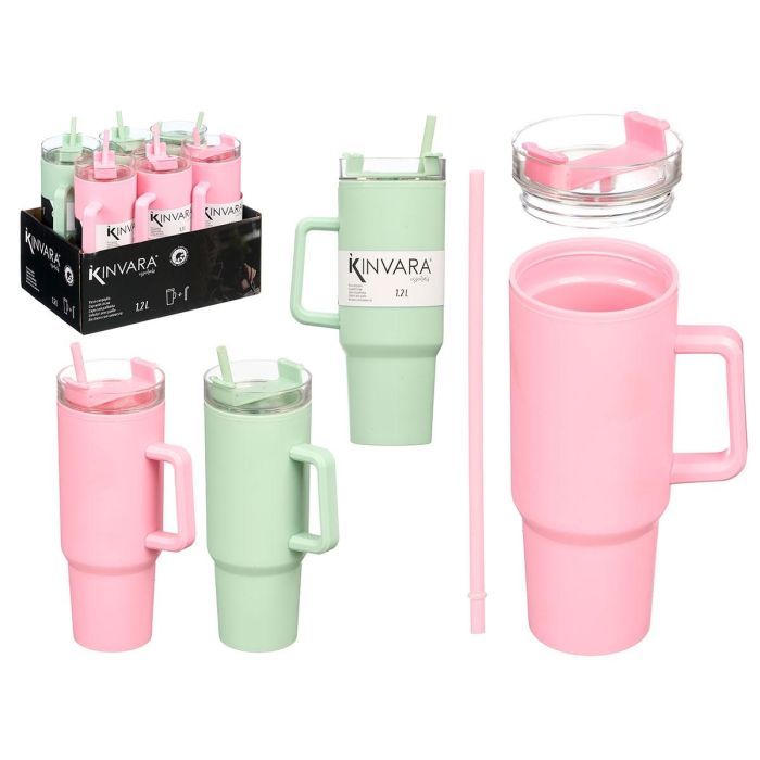 Kinvara Vaso Rosa Menta con Asa y Pajita, 1200 ml, Colores Surtidos (Rosa, Verde), 13.5x30x10 cm (12 Unidades) Kinvara Vaso Rosa Menta con Asa y Pajita, 1200 ml, Colores Surtidos (Rosa, Verde), 13.5x30x10 cm (12 Unidades)