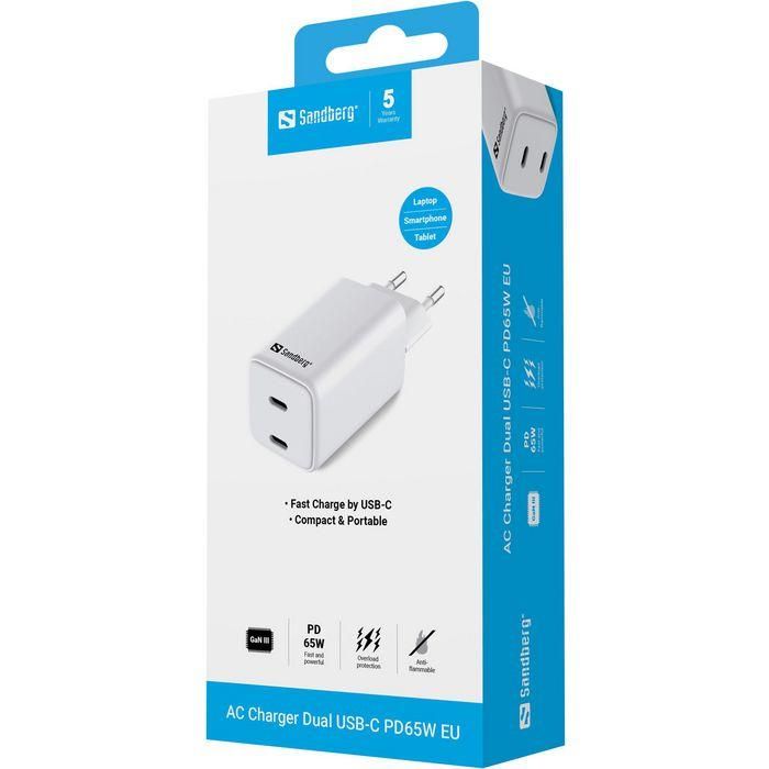 Sandberg AC Charger Dual USB-C PD65W EU 3 Sandberg AC Charger Dual USB-C PD65W EU 3