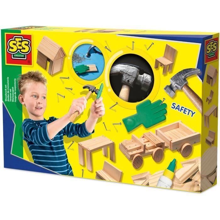 Ses Creative Taller de carpintería infantil - Kit de construcción con 57 piezas de madera, martillo, clavos y mano especial para sujeción segura