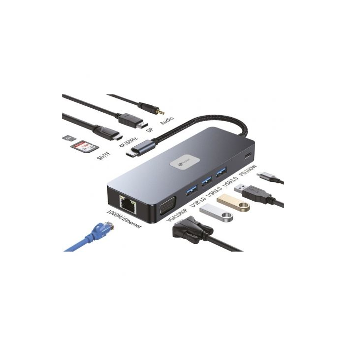 Docking USB Tipo-C Leotec LEDS03/ 3xUSB/ 1xUSB Tipo-C PD/ 1xHDMI 4K/ 1 xDisplayPort/ 1xVGA/ 1xAudio/ 1xRJ45/ 1xLector Tarjetas SD y MicroSD/ Gris