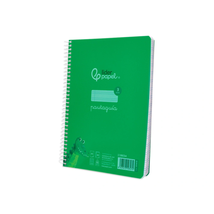 Liderpapel Cuaderno espiral Pautaguía A5 Tapa plástico 80 hojas 90gr Cuadro pautado 3 mm con margen Color verde 3