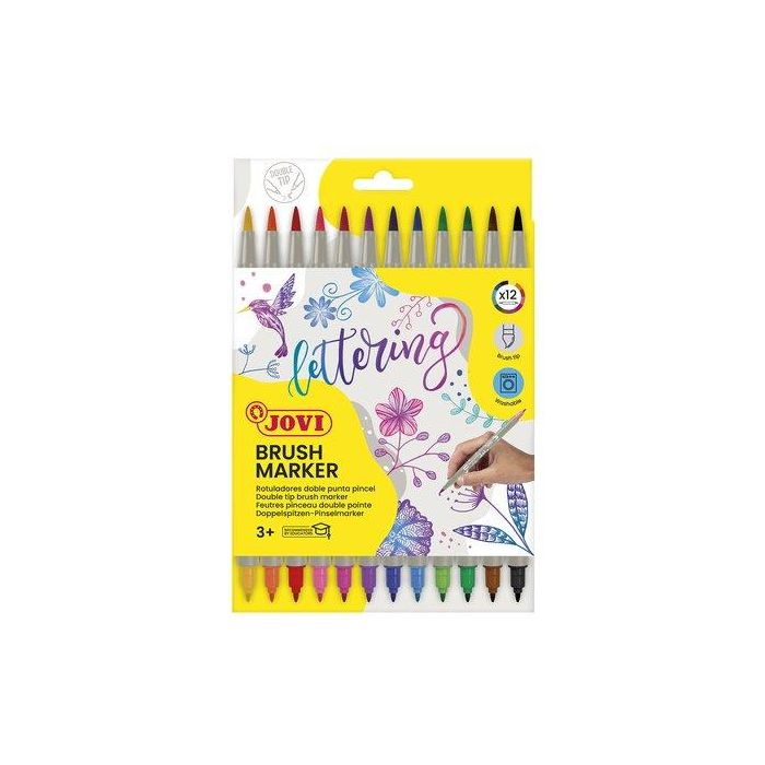 Jovi Rotuladores Lettering Doble Punta Fina y Pincel, Tinta Agua, Lavable, 12 Unidades Colores Surtidos