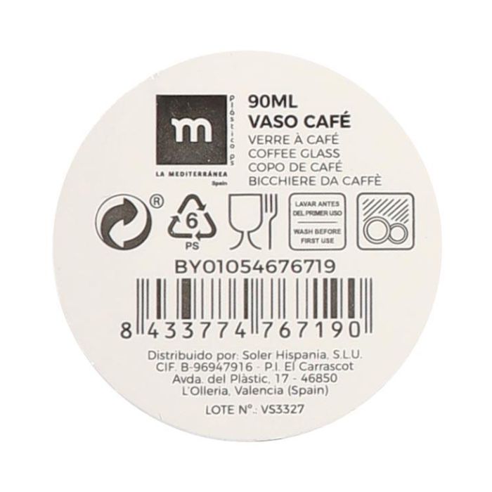 La Mediterranea Vaso Cafe 90ml Ps 6cm Ancho x 6.4cm Alto x 6cm Largo (24 Unidades)