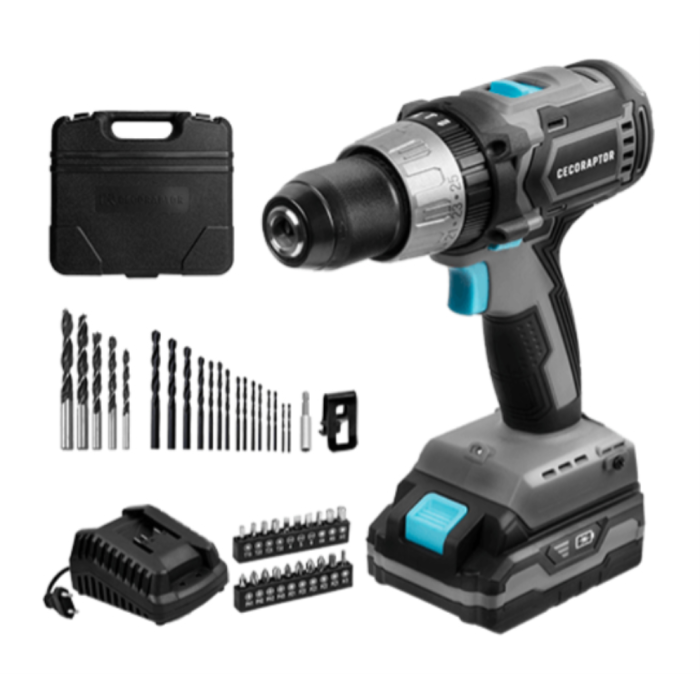 Cecotec 70008 Taladro Percutor a Batería 20V, Sin Escobillas, 1550 RPM, Capacidad 13mm, Incluye 20 Brocas, Color Negro/Azul/Gris