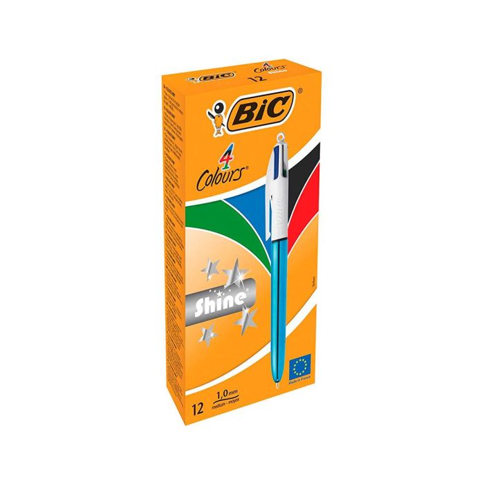 Bic Bolígrafo 4 Colores Shine Silver Cuerpo Blanco-Azul Metálico Caja 12 Ud 6