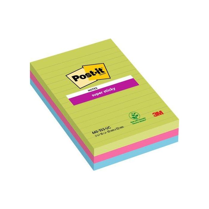 Post-It Bloc Notas Adhesivas Super Sticky con Líneas 90H, Formato Grande 102x152, Surtidos, Paquete 3 Ud
