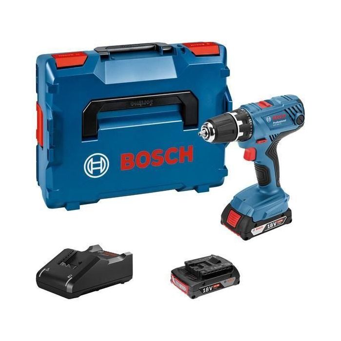 Bosch Professional GSR 18V-21 Taladro Atornillador a Batería 18V, 21 Nm, con 2 Baterías 2.0Ah, Cargador GAL 18V-40 y L-BOXX