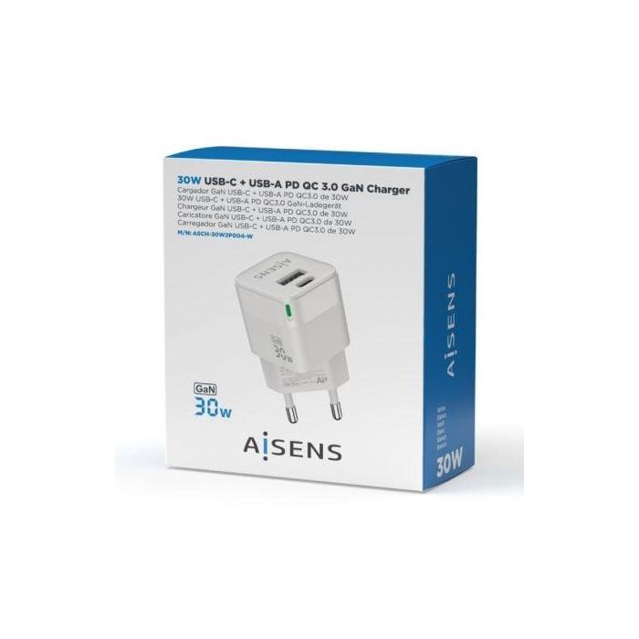 Aisens Cargador GaN 30W USB-C PD3.0 QC4.0 y USB-A QC3.0, Blanco - Carga rápida y eficiente para portátiles, móviles, cámaras y tablets 3 Aisens Cargador GaN 30W USB-C PD3.0 QC4.0 y USB-A QC3.0, Blanco - Carga rápida y eficiente para portátiles, móviles, cámaras y tablets 3