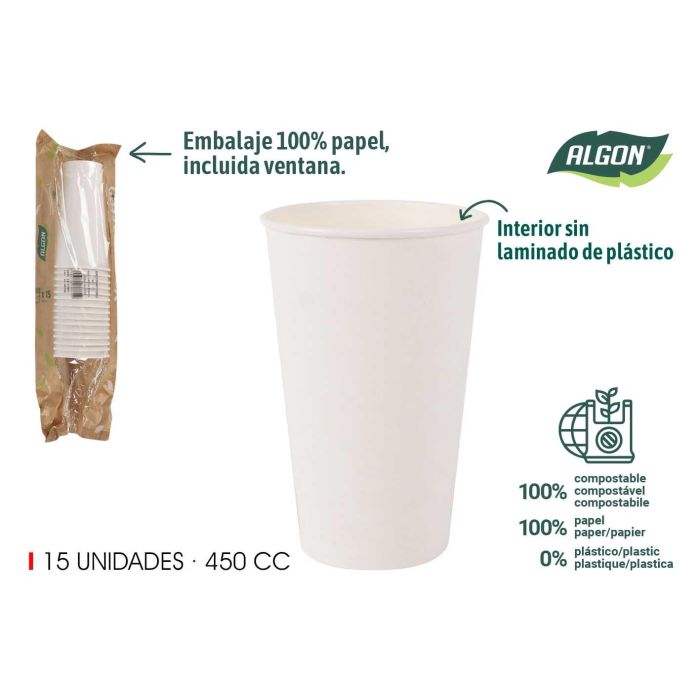 Set de 15 vasos blancos de cartón 450 cc Algon (16 Unidades) Set de 15 vasos blancos de cartón 450 cc Algon (16 Unidades)