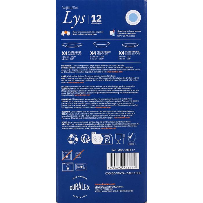 Duralex Vajilla Marine Lys 12 piezas, Platos Llano 23.5 cm, Hondo 19.5 cm, Postre 19 cm (2 Unidades) 7