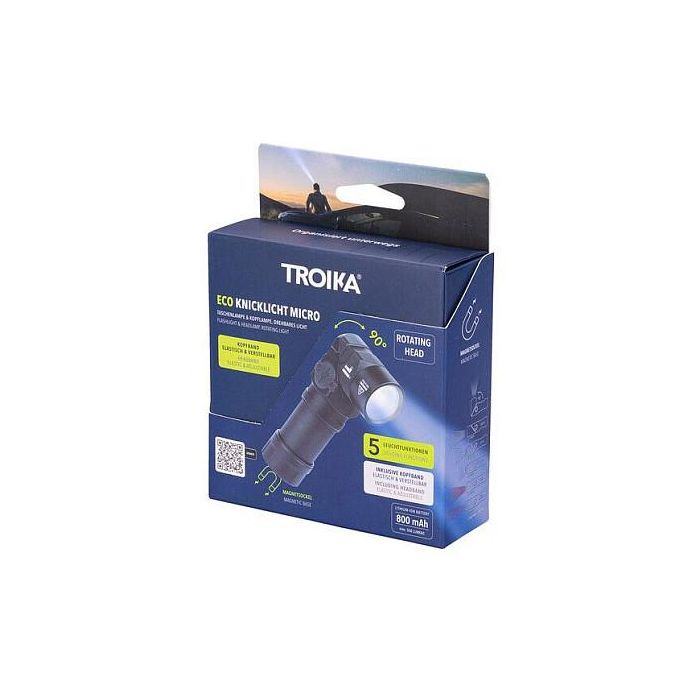 TROIKA ECO KNICKLICHT MICRO Linterna Frontal y de Mano LED Recargable USB, 5 Modos Luz Blanca y Roja, Negro, Aluminio