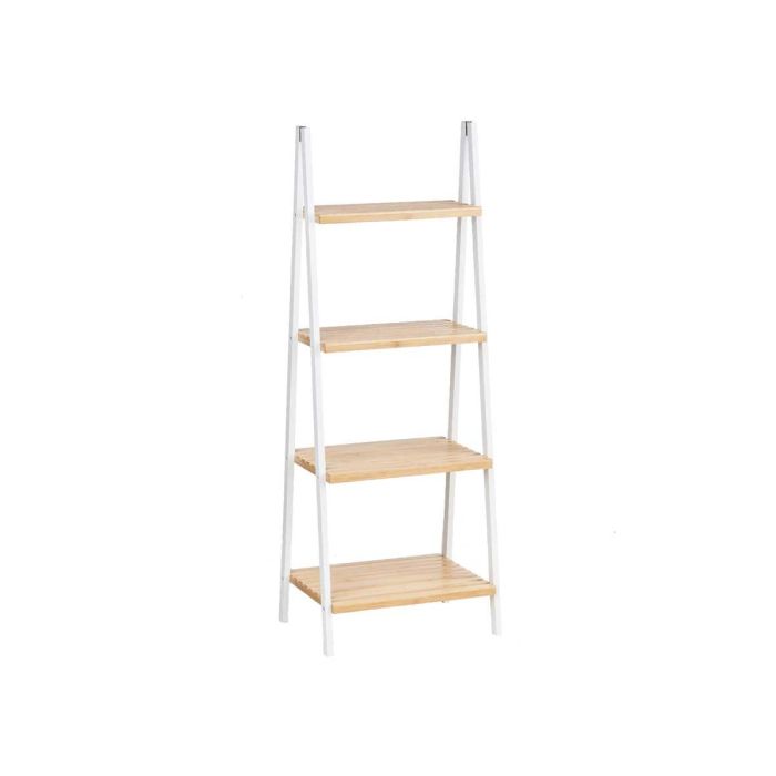 Berilo Estantería Escalera de Bambú y Madera, 4 Estantes, Color Blanco y Natural, 40x109x30 cm 1