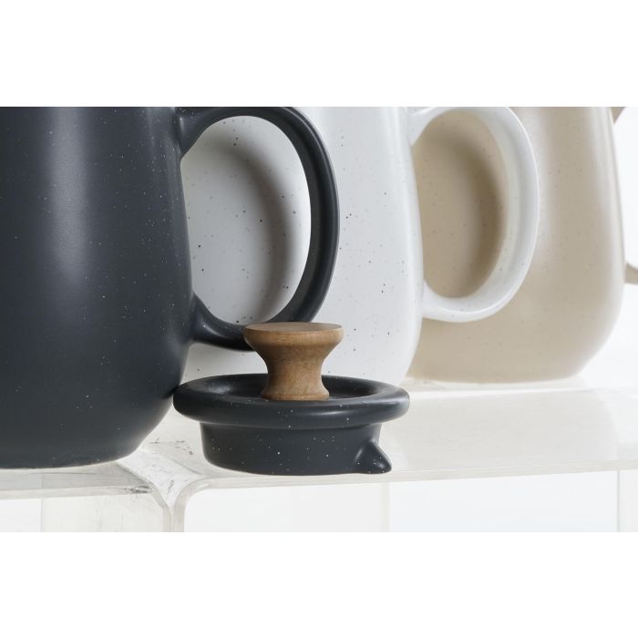 DKD Home Decor Tetera Scandi Colección Lianfeng 21 de Gres y Rubberwood 1L Beige Gris Oscuro (Juego de 3) 12x16.5x23 cm. Apta Microondas y Lavavajillas. 1
