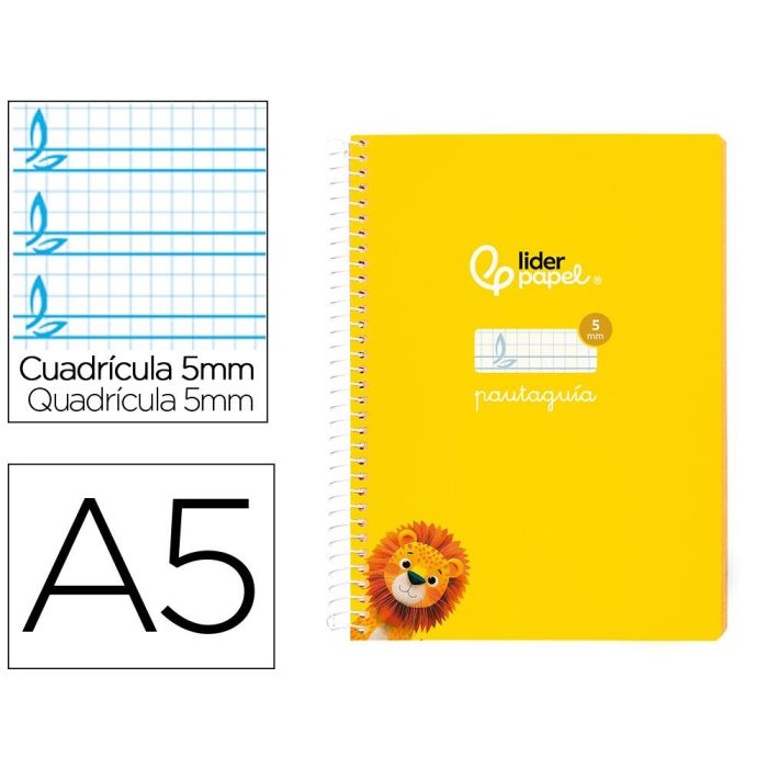 Cuaderno Espiral Liderpapel Din A5 Pautaguia Tapa Blanda 40H 75 gr Cuadro Pautado 5 mm Color Amarillo 5 unidades