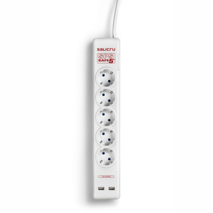 Salicru 680BA000002 Limitador de Tensión 306J, Regleta Protectora con 5 Tomas AC y 2 USB, Blanco, Cable 1.5m
