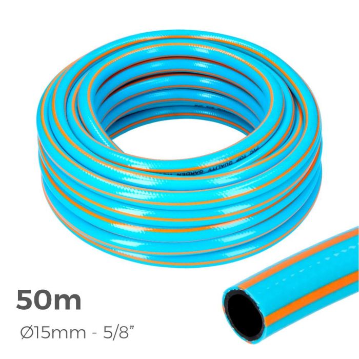 Edm Manguera de jardín Pro 50 m PVC 3 capas, anti-UV y anti-algas, 5/8" 15 mm, azul/naranja 0 Edm Manguera de jardín Pro 50 m PVC 3 capas, anti-UV y anti-algas, 5/8" 15 mm, azul/naranja 0