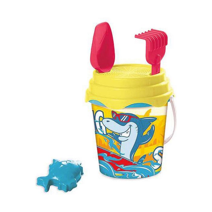 Cubo playa castillo tiburón surfero con cedazo, pala rastrillo y molde 18 cm Cubo playa castillo tiburón surfero con cedazo, pala rastrillo y molde 18 cm
