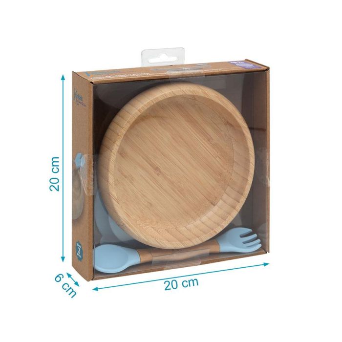 Set Vajilla Silicona Y Bambú Azul Con Cuchara-Tenedor 4 Set Vajilla Silicona Y Bambú Azul Con Cuchara-Tenedor 4