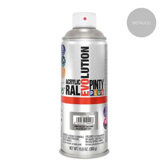 Pinty Plus mt191 Pintura acrílica spray Evolution metalizada plata 520cc secado ultra rápido para bicicletas cascos