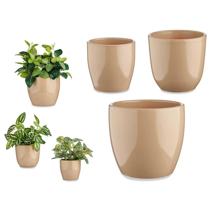 Ibergarden Set de 3 Macetas de Cerámica Abombada Beige - 14 cm, 17 cm, 22 cm Ibergarden Set de 3 Macetas de Cerámica Abombada Beige - 14 cm, 17 cm, 22 cm