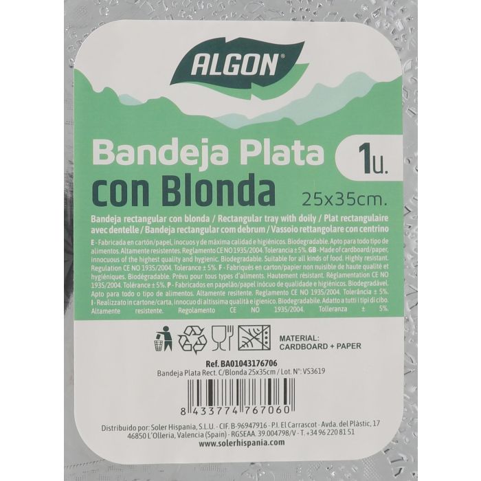 Bandeja Plata Rectangular con Blonda 25x35 cm Algon (30 Unidades) 1 Bandeja Plata Rectangular con Blonda 25x35 cm Algon (30 Unidades) 1