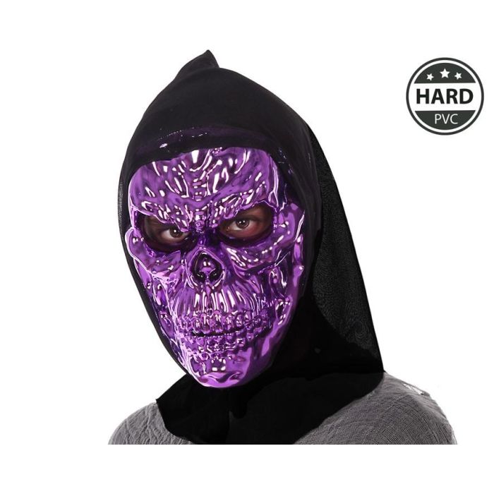 Máscara de calavera morada brillante de PVC con capucha negra para Halloween y fotografía