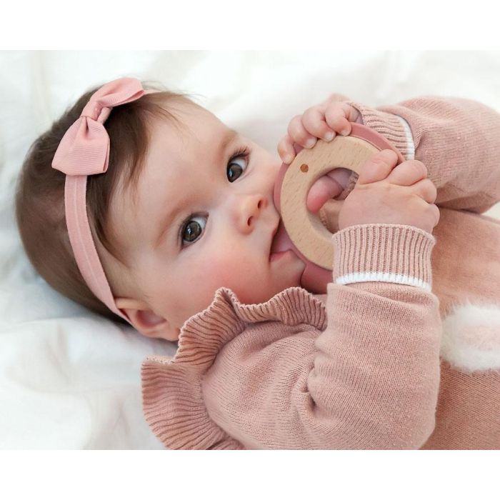 KioKids Mordedor para Bebés +3 Meses, Madera Haya y Silicona Rosa Conejito, Juguete que Alivia la Dentición y Estimula Sentidos 1